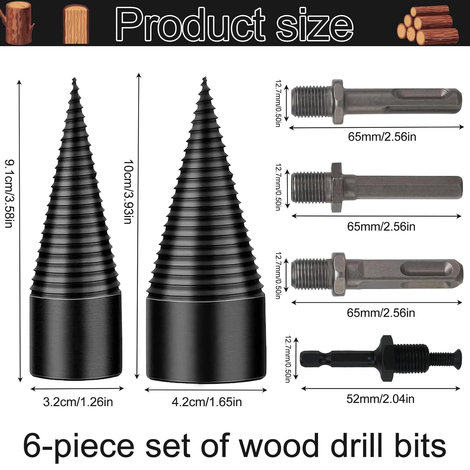 Holzspalter Bohrer 42mm + 32mm Mit 4 Bohrgriffe, Bohrkegel Holzspalter Spaltbohrer, Holzspalter Schraube Kegel, Kegelspalter Bohrmaschine, Präzises & Schnelles Spspaltbohrer für... – Bild 3
