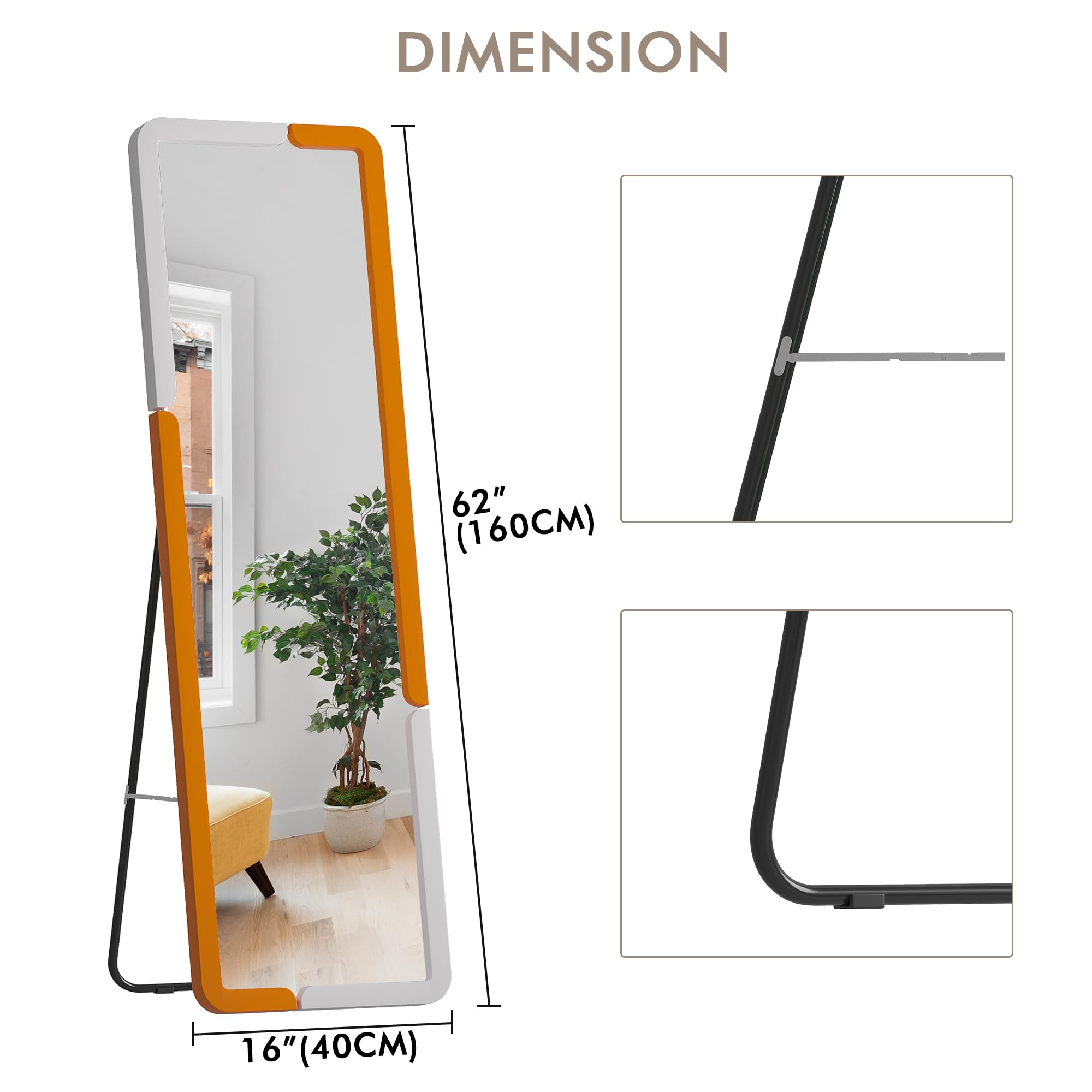Lvifur Specchi da Terra Specchi, 160 x 40 cm Grande Specchio Bagno con e Supporto, Specchio per Camera da Letto Soggiorno (Bianco Arancio)
