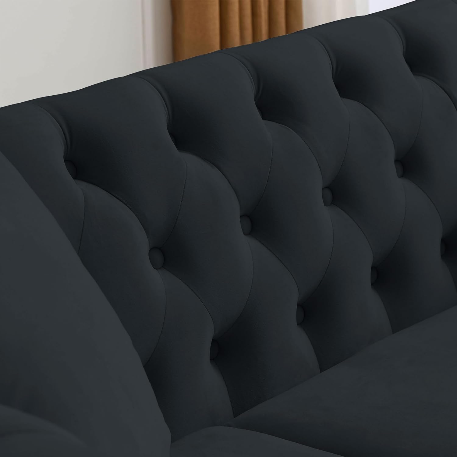 Bellemave 58.8" Chesterfield Sofa Couch for 2, Velvet 2 Seater Tufted Couch Chesterfield Loveseat with Two Pillows, Nailhead & Rolled Arms and Curved Backrest for Living Room (Black)
