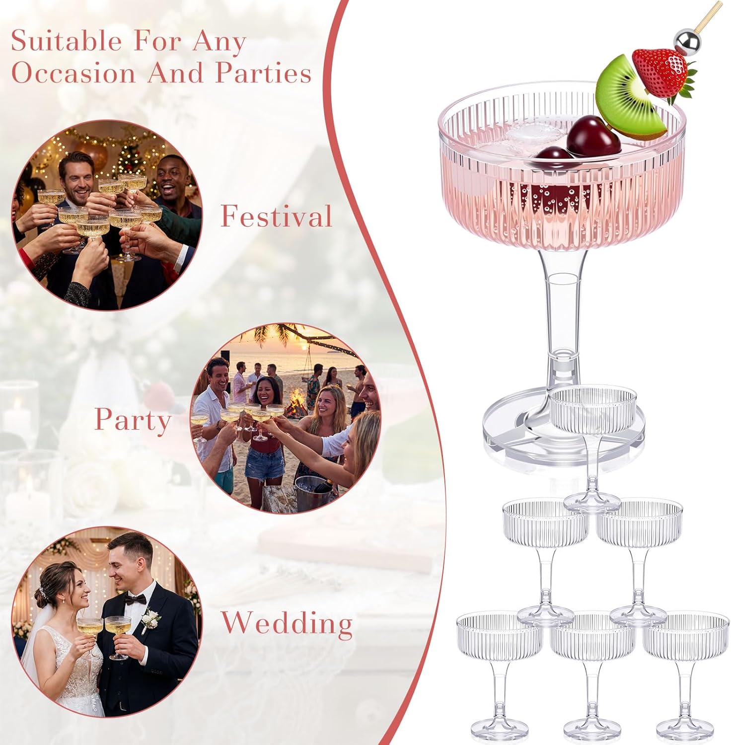 50 Pcs 7 oz Plastic Martini Cocktail Glasses Ribbed, Disposable Martini Glasses and Cocktail Picks Set, Clear Vintage Dessert Mini Cups for Parties for Wedding Birthdays Party Wine Appetizer