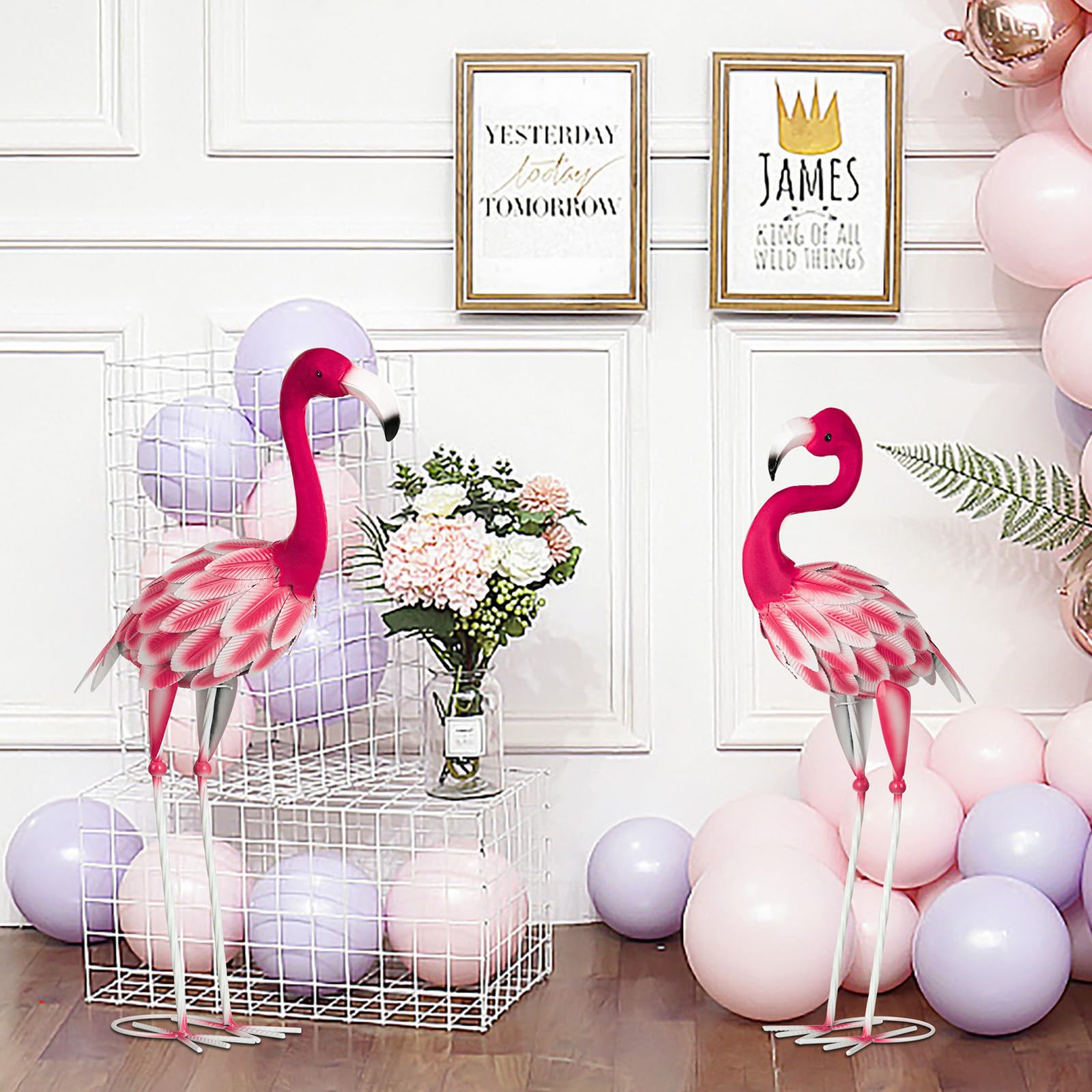 Lot de 2 statues d'art flamant rose en métal - Sculptures de jardin pour l'extérieur, maison, terrasse, pelouse, arrière-cour
