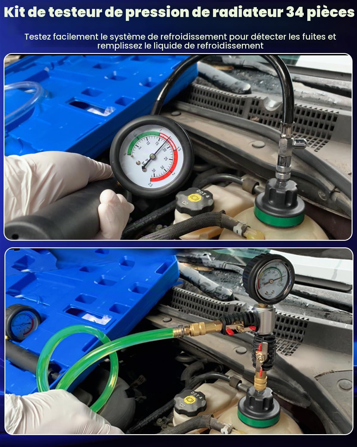 ATPEAM Kit Testeur de Liquide de Refroidissement 34 Pièces, Testeur de Pression Radiateur Universel avec Pompe Manuelle et Adaptateurs pour Voitures, Motos et Camions