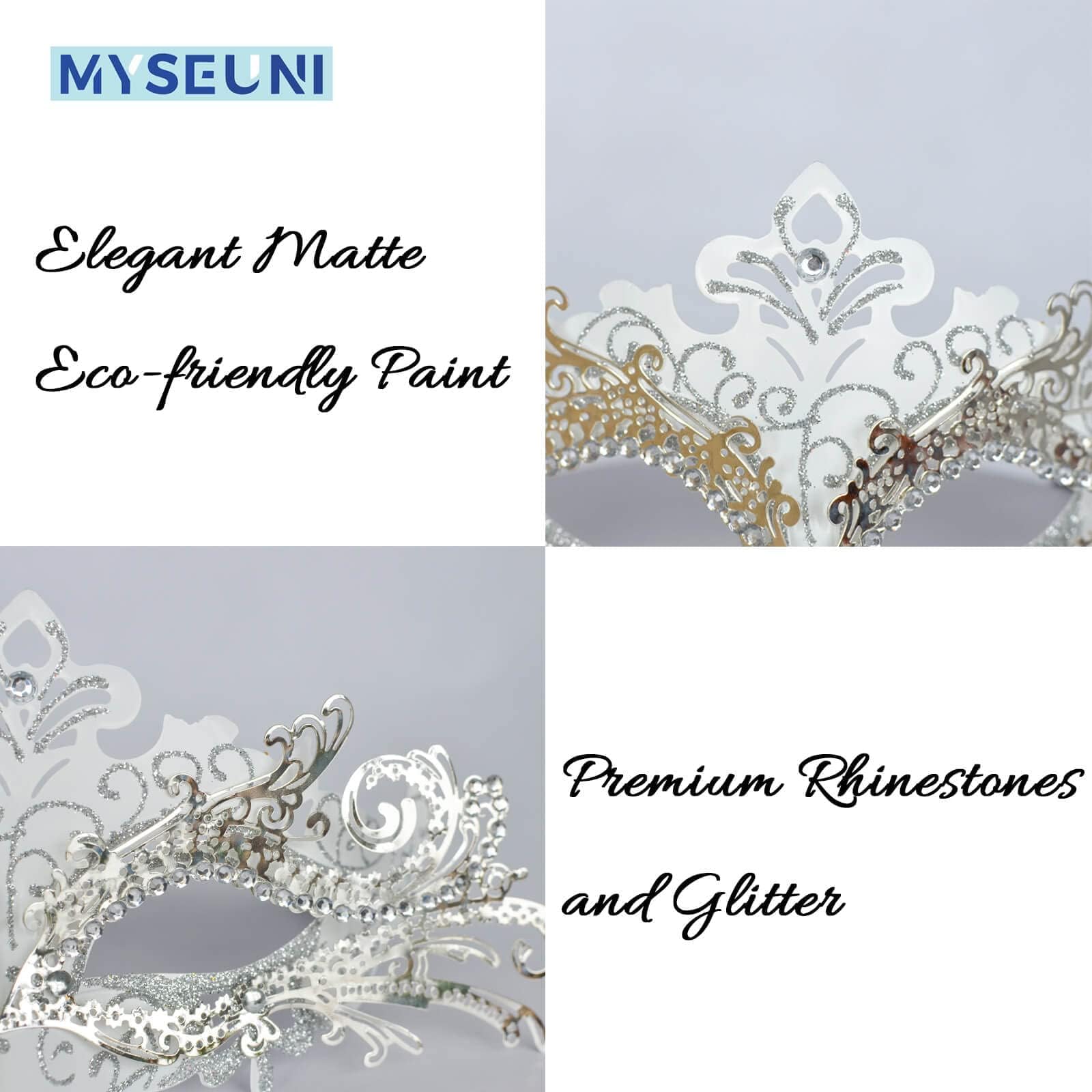 MYSEUNI Maschere in maschera per coppie, maschera veneziana in filigrana di metallo lucido con strass e maschera veneziana da uomo per martedì grasso