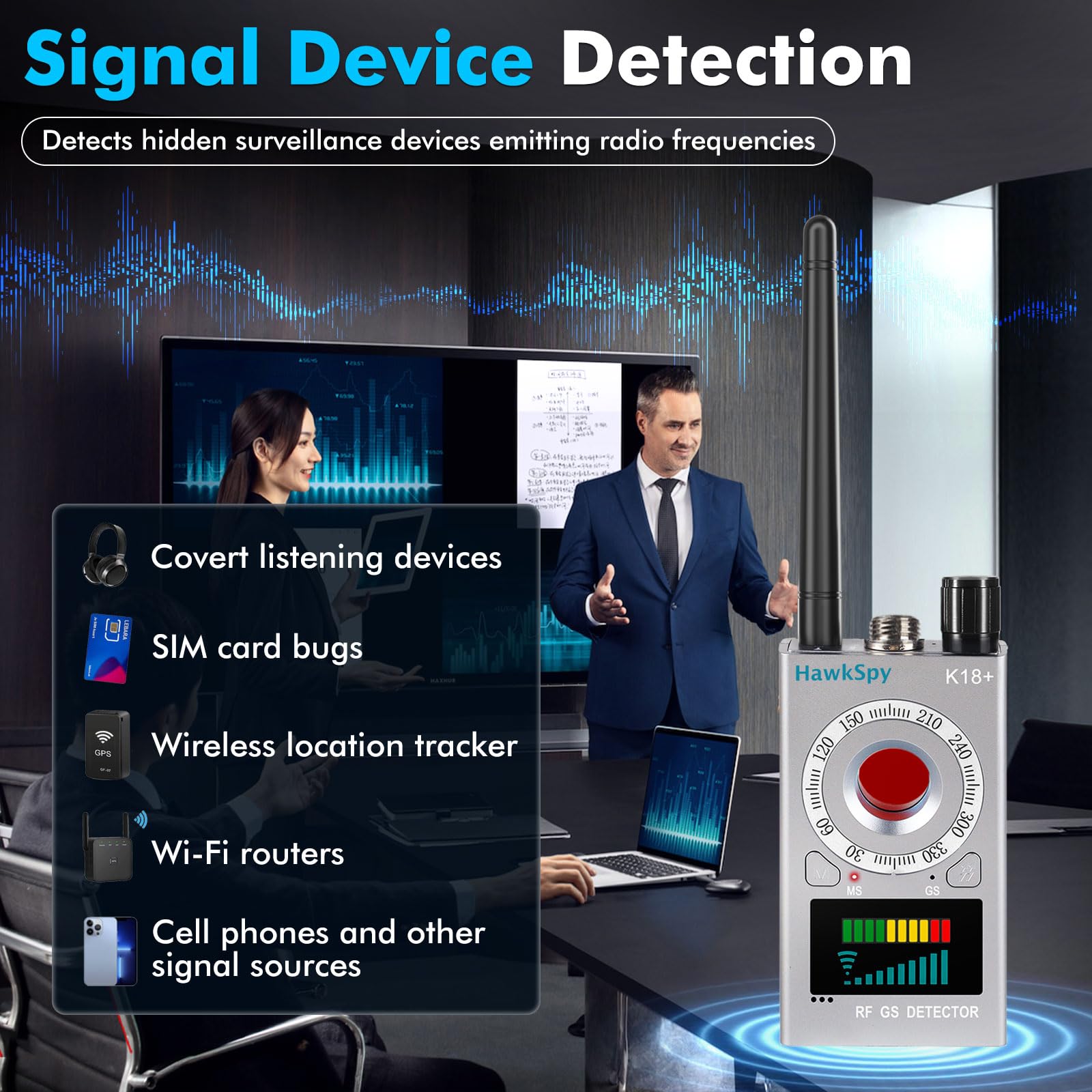 K18 Kamera Detektor & RF Signaldetektor, Elektronischer Kamerafinder mit Magnetfelderkennung, Einstellbare Empfindlichkeit, Ton- und Vibrationsalarm, Tragbar, USB-C, Silber