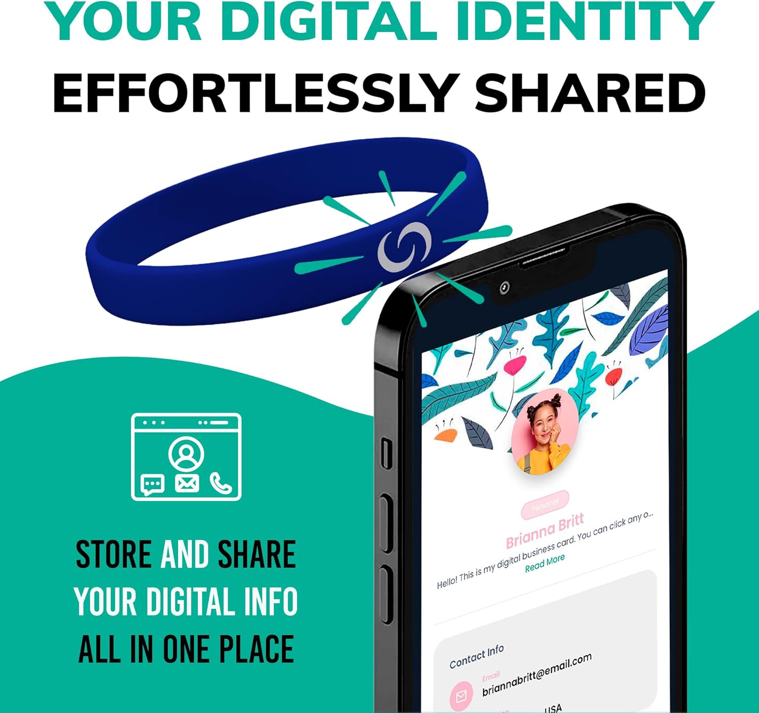 Contact CO. Smart Silicone NFC Wristband, Sleek Durable Smart Band with Instant App-Free Sharing, Seamless Band for Tech Enthusiasts and More, Blue