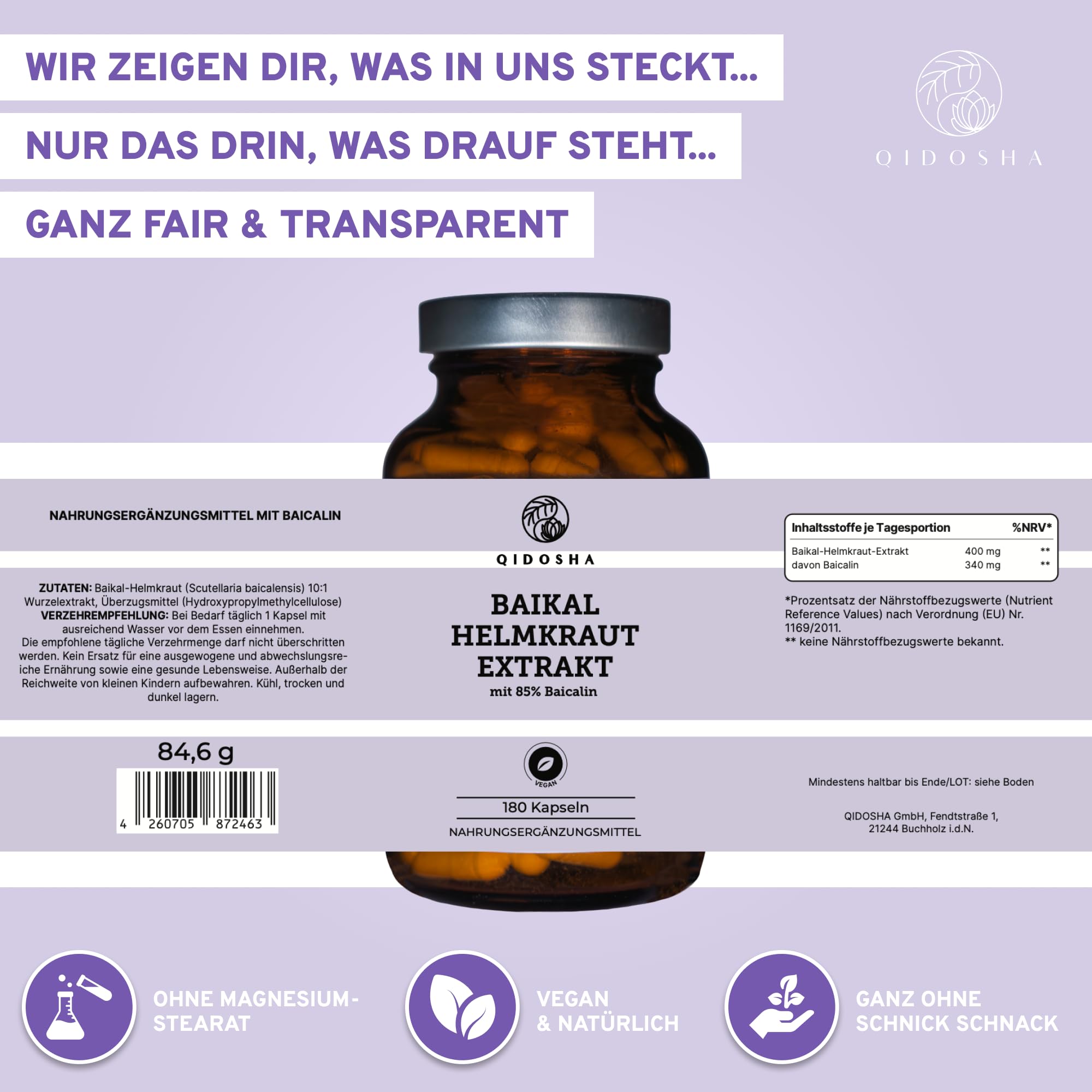 QIDOSHA® Baikal Helmkraut Extrakt mit einzigartigem 85% Baicalin-Gehalt - ganze 340 mg Baicalin pro Kapsel, vegan, 180 Kapseln im Apothekerglas, deutsche Fertigung, jede Charge Labor geprüft