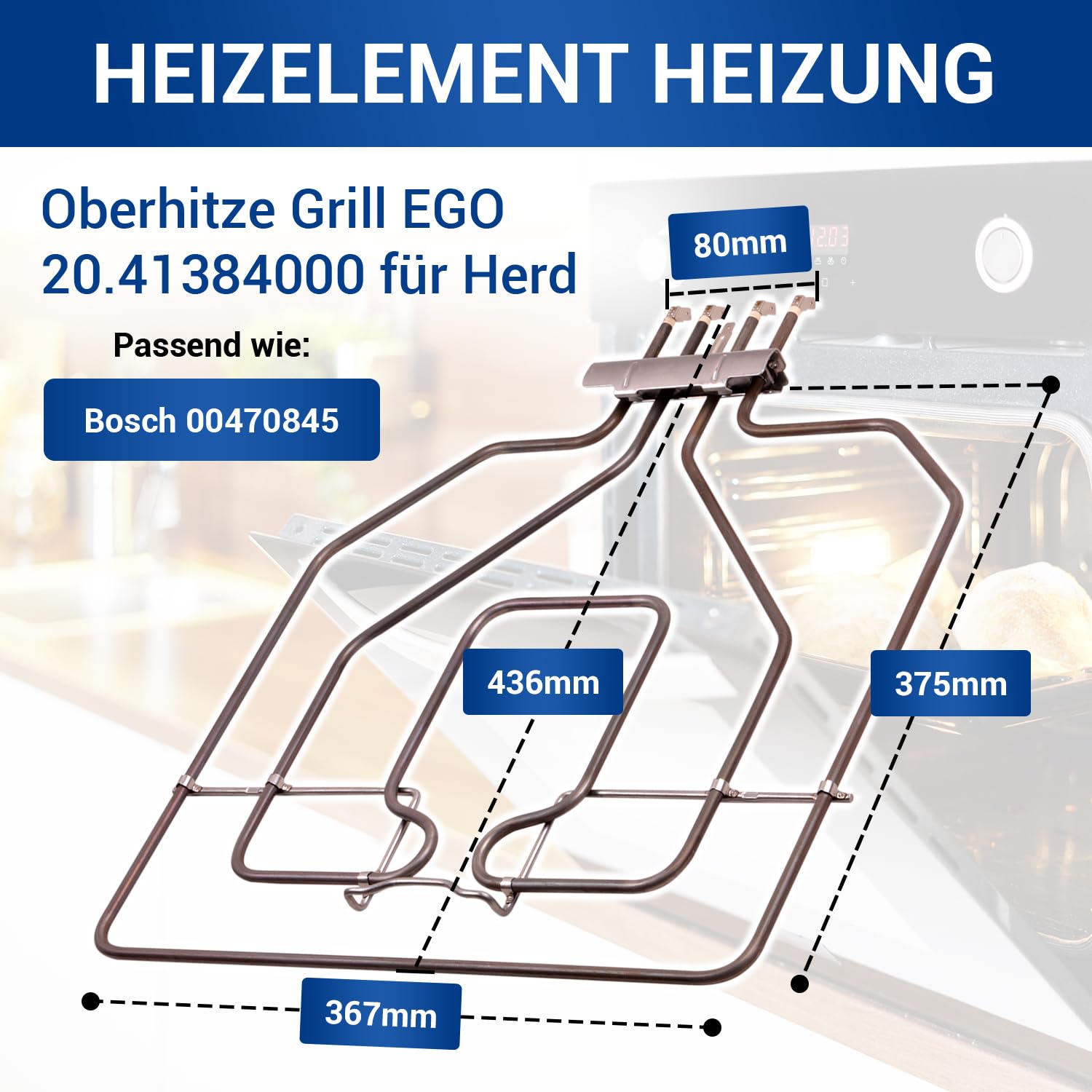 VIOKS Heizelement 230v Ersatz für BOSCH 00470845 470845 EGO 20.41384.000 & Heizspirale Grill Oberhitze Balay Bosch Ofen Constructa Backofen Herd Siemens Herd Junker&Ruh Neff Pitsos