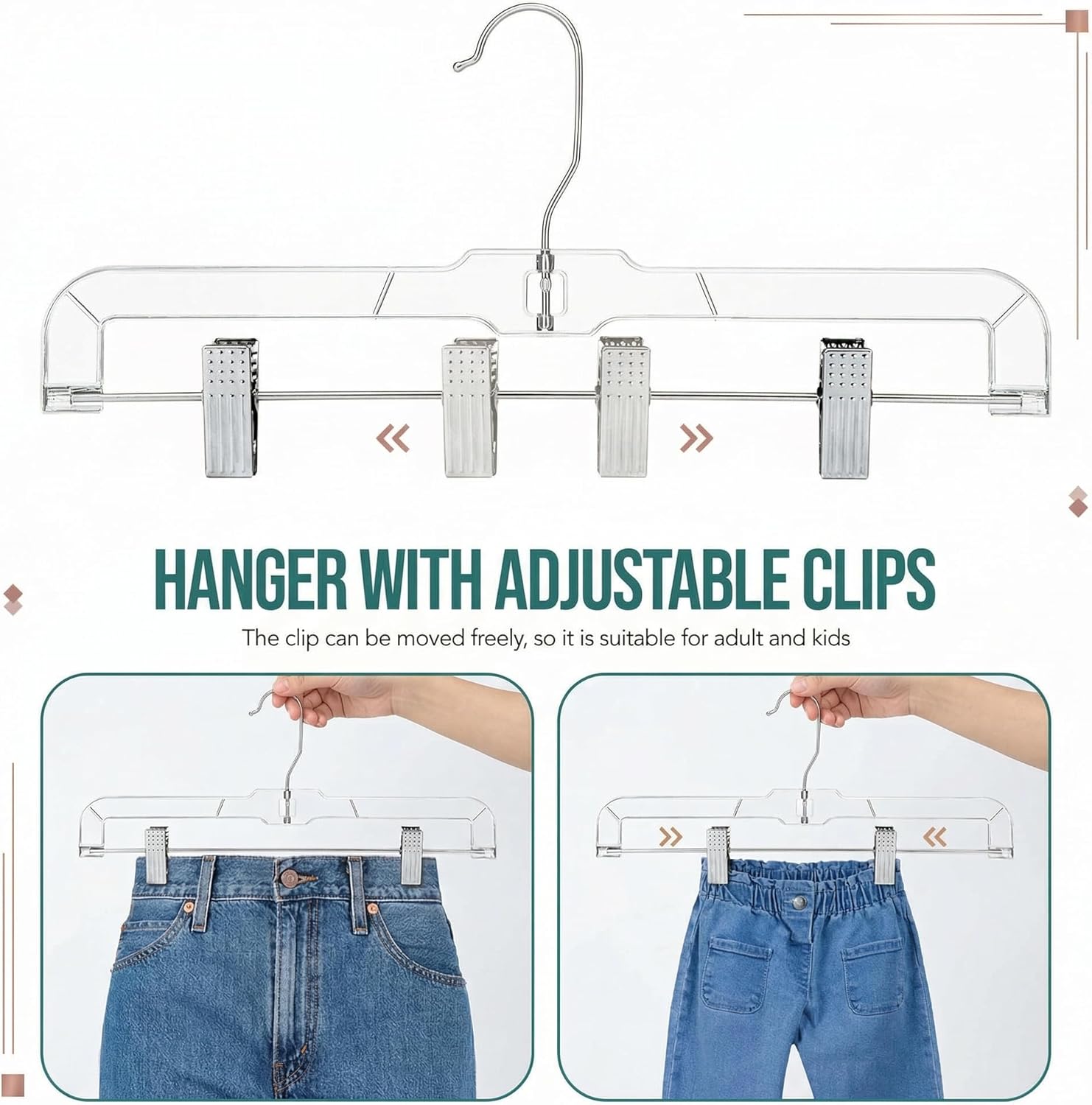 HOUSE DAY 120 Pack Clear Pants Hangers with Clips, Plastic Skirt Hangers for Women, 14 Inch Clip Hanger for Pants, Skirts, Jeans, Shorts, Legging, with 360-degree Swivel Hook, 2 Adjustable Clips
