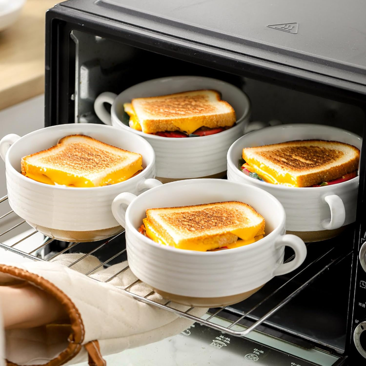 HASENSE Ceramic Soup Bowls with Handles, 20 oz Oven Safe French Onion Soup Bowls Set of 6, White Serving Dishes for Entertaning, Ideal for Soup, Salad, Stew, Microwave & Dishwasher Safe