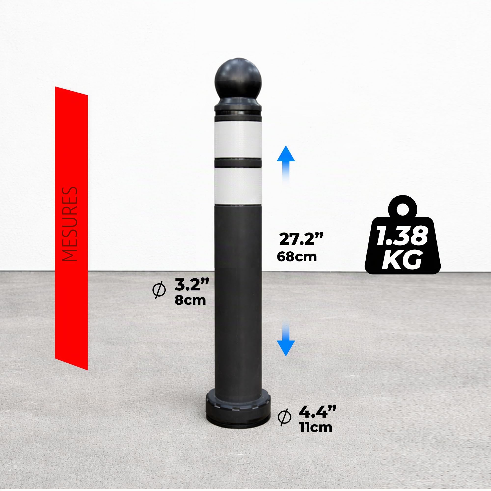 Délimiteur de circulation anti-stationnement de 68 cm | Barrière de sécurité réfléchissante noire avec tête sphérique | Poteau de refuge flexible en TPU avec base démontable, vis et ancrages pour