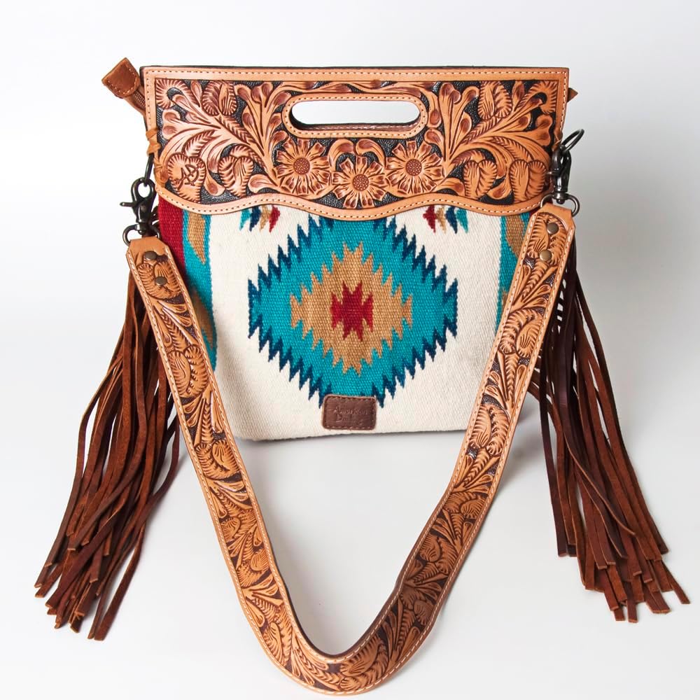 American Darling Signature Cross body Bag Hand Tooled Floral Hand Woven Saddle Blanket Leather Crossbody with Fringes