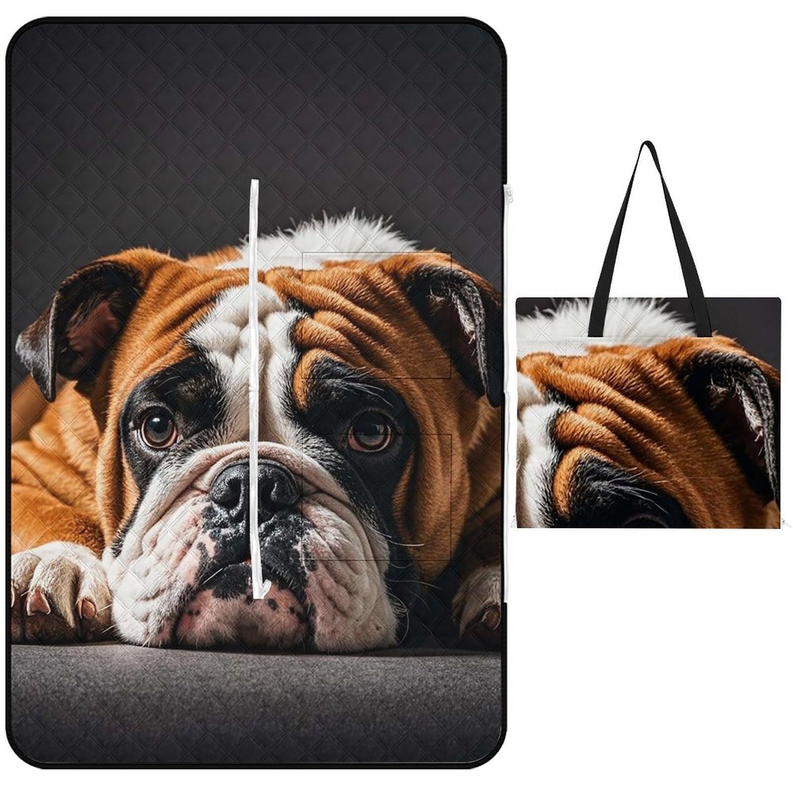 A Sad Bulldog coperta da picnic con borsa tote con cerniera, coperta portatile impermeabile per esterni, leggera e pieghevole, tappetino per spiaggia, campeggio, parco, 150 x 100 cm