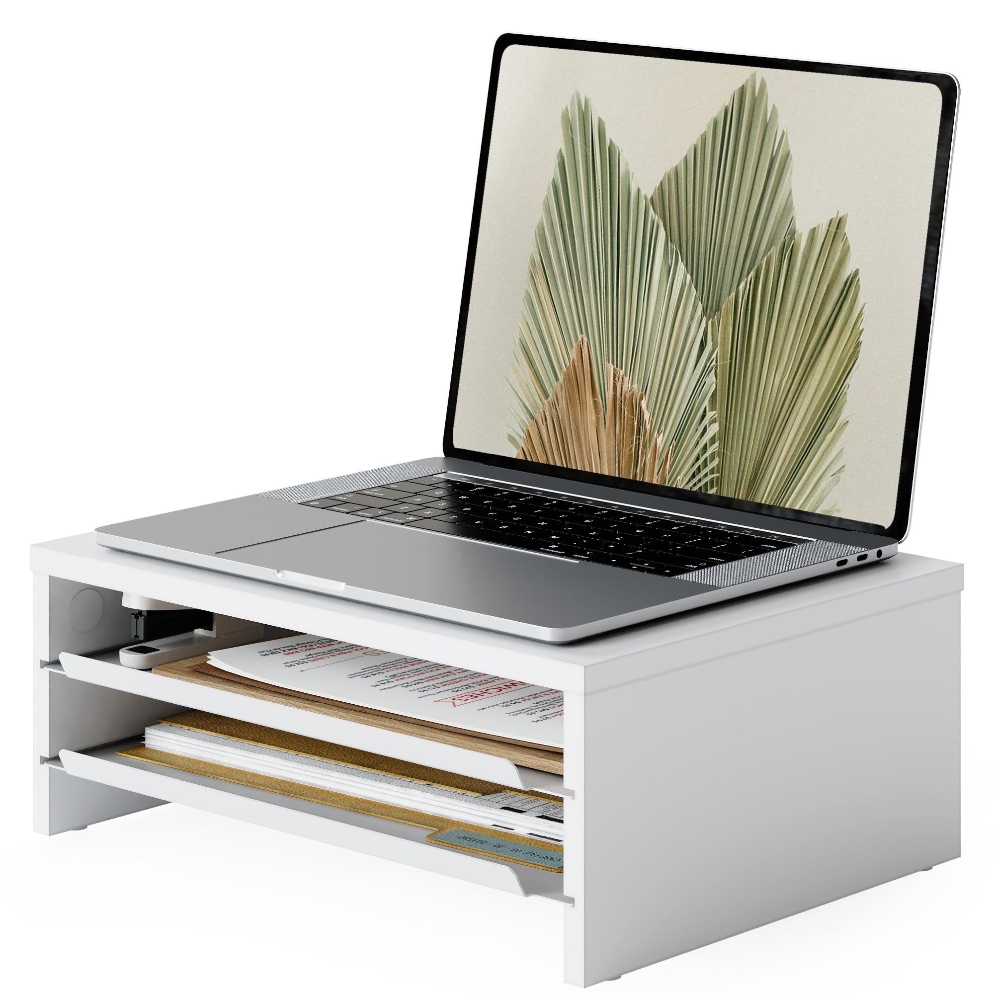 Fenge Soporte Monitor Escritorio, Elevador Monitor Doble con 2 Bandejas & Organizador, Madera y Metal, para Hogar y Oficina, Ordenador, Portátil, Impresora, TV, 36,4 x 23,5 x 13,4 cm (Blanco) The Forest Stewardship Council