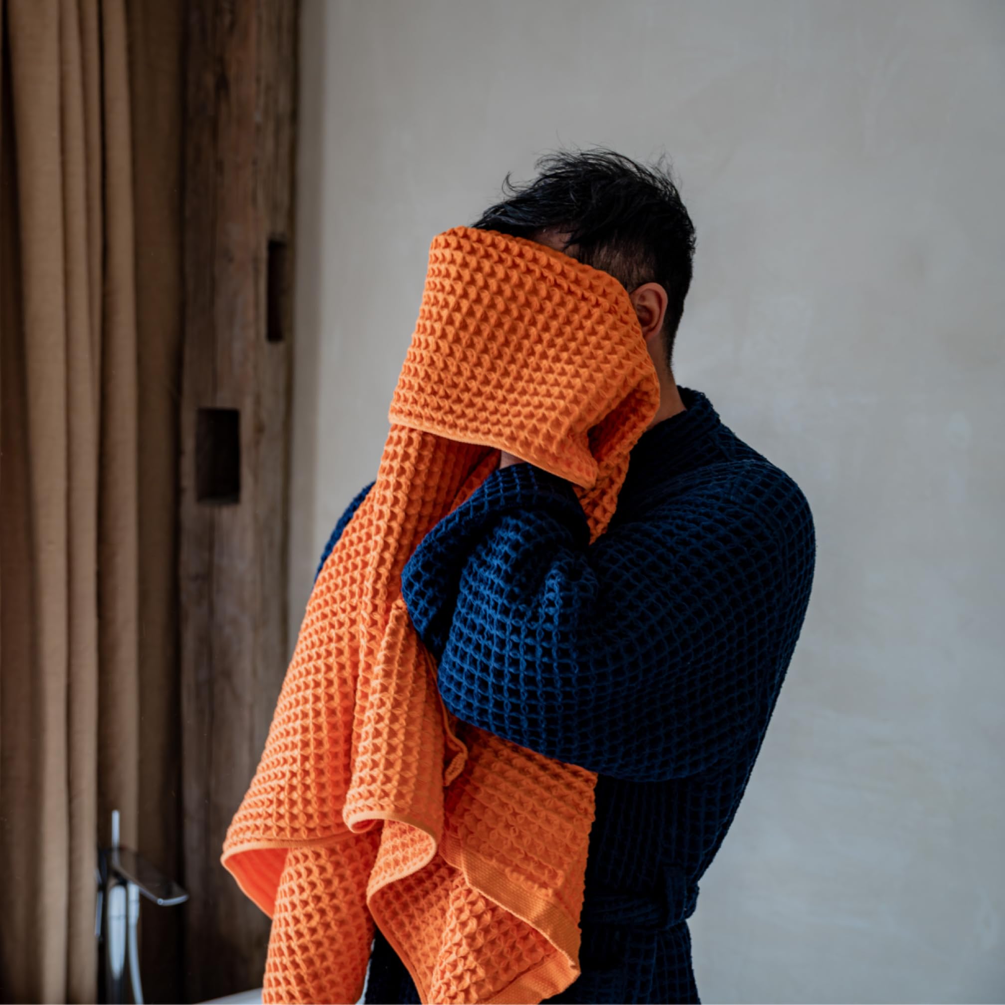 KOSMU Luxury Japanese Cotton Waffle Bath Towel | Plush, Absorbent, and Quick Dry | Free Storage Bag Included (Coral Orange, Bath Towel, 55