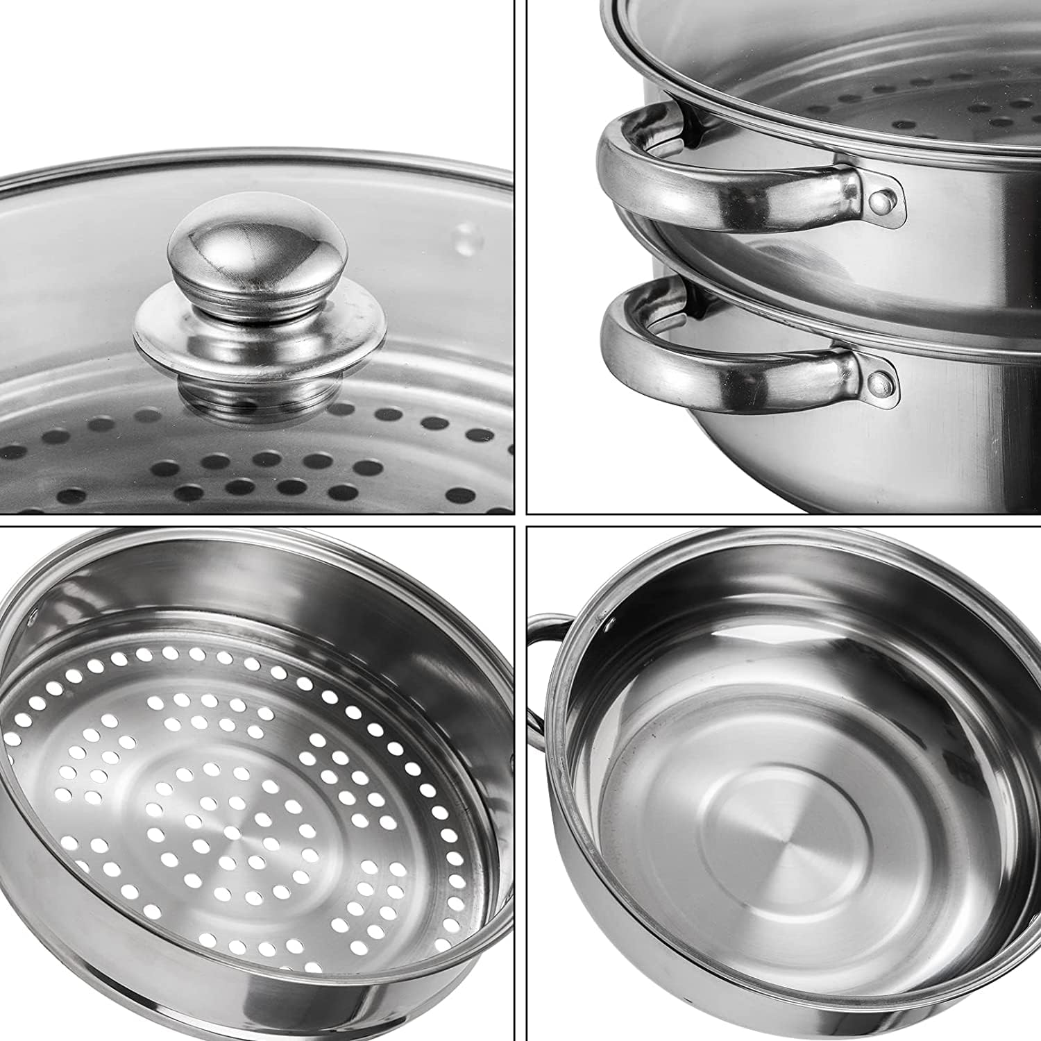 ZENFUN 2.1L Steamer Pot with Steamer Insert, 2 Tier Stack and Steam Pot Set with Glass Lid, Stainless Steel Saucepot Double Boiler Steaming Cookware for Kitcken Cooking, Double Handle, 28CM