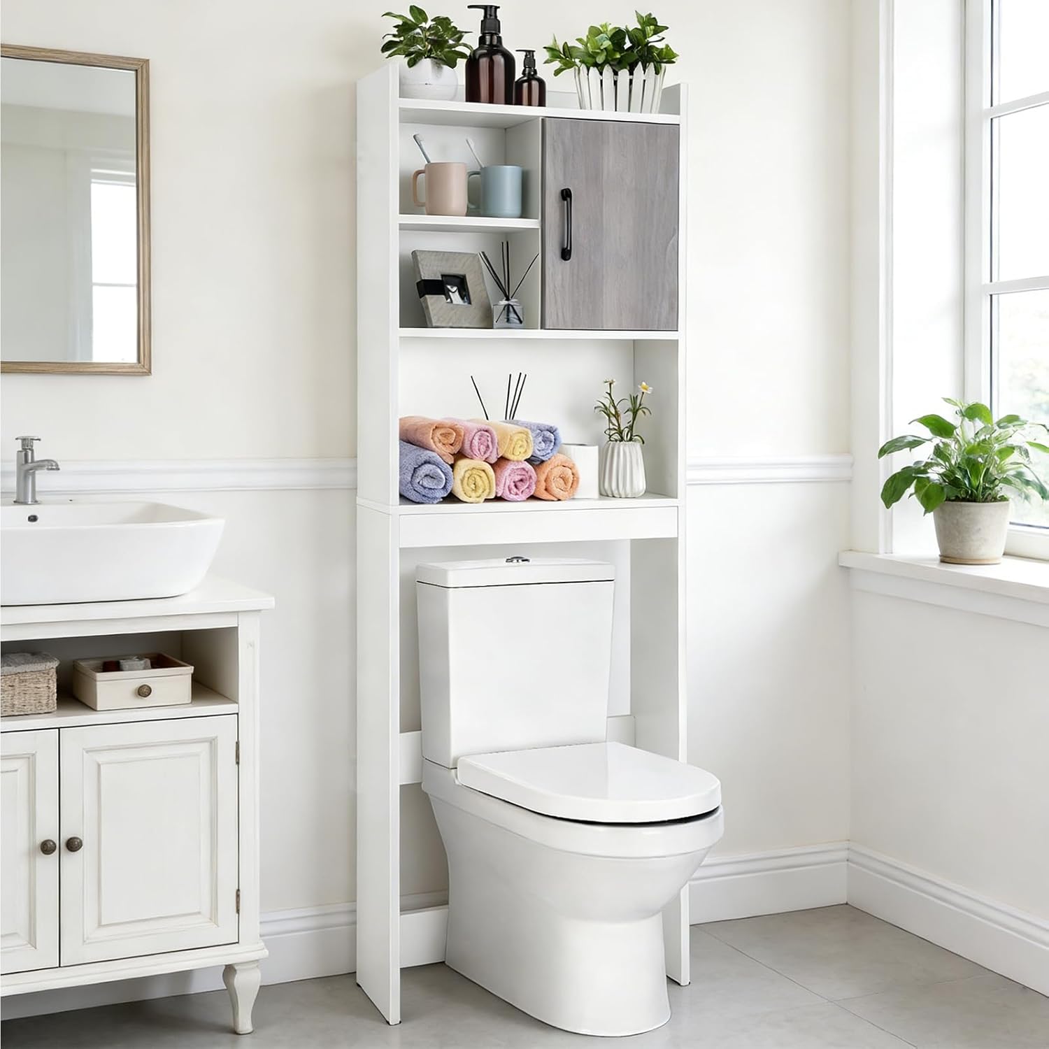Giantex Over The Toilet Storage Cabinet, 4-Tier Freestanding Space Saver Above Toilet with Open Shelves & Door, Over Toilet Bathroom Organizer for Restroom, Laundry Room, White