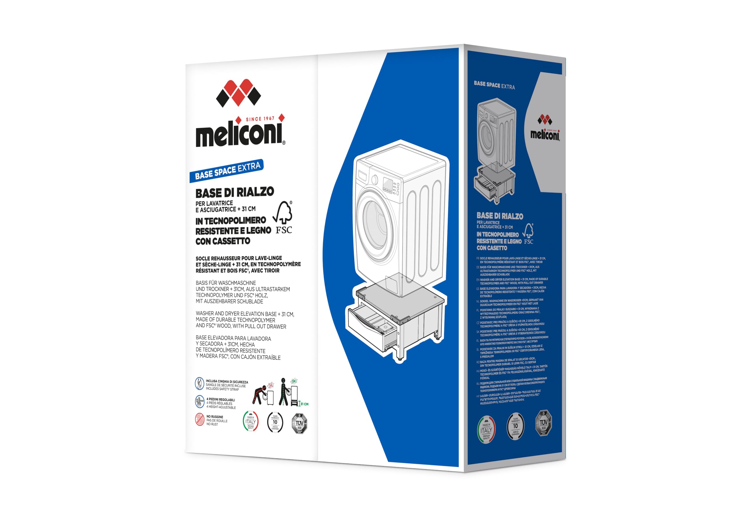 Meliconi Base Space Extra | Erhöhungsplattform für Waschmaschine oder Trockner mit ausziehbarer Schublade aus Technopolymer, 28 Liter, Max. 250 kg, Weiß | mit ausziehbarer Schublade aus Technopolymer, 28 Liter, Belastbar bis 250 kg, Made in Italy, Weiß