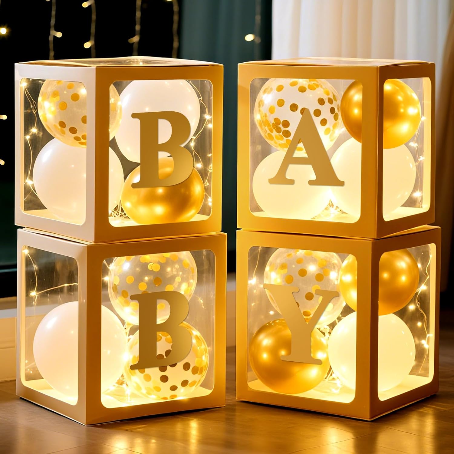 Ledido Baby Boxes with Letters for Baby Shower Decoration, 4 pcs Clear Baby Balloon Boxes Blocks with LED Fairy String Lights 38 Balloons for Boy Girl Gender Reveal Birthday Party (White)