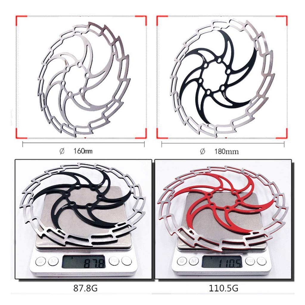 160mm / 180mm VTT vélo Frein à Disque vélo Rotor en Acier Inoxydable, Distance Centrale 44mm, 6 Trous - Argent/Noir