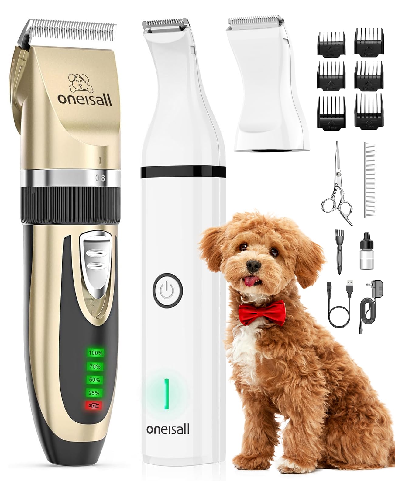 oneisall Kit de cortapelos para perros y patas de perro, 2 en 1, kit de aseo para mascotas, gatos, perros, silencioso, inalámbrico
