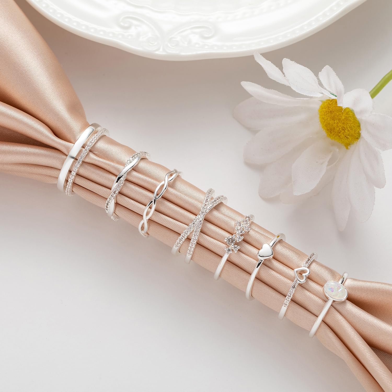 RLMOON 8PCS 14K Gold/Silver Rings Set for Women Non Tarnish Dainty CZ Simulated Diamond Ring Eternity Wedding Band Gold Stackable Thumb Rings Size 4-12 - Image 6