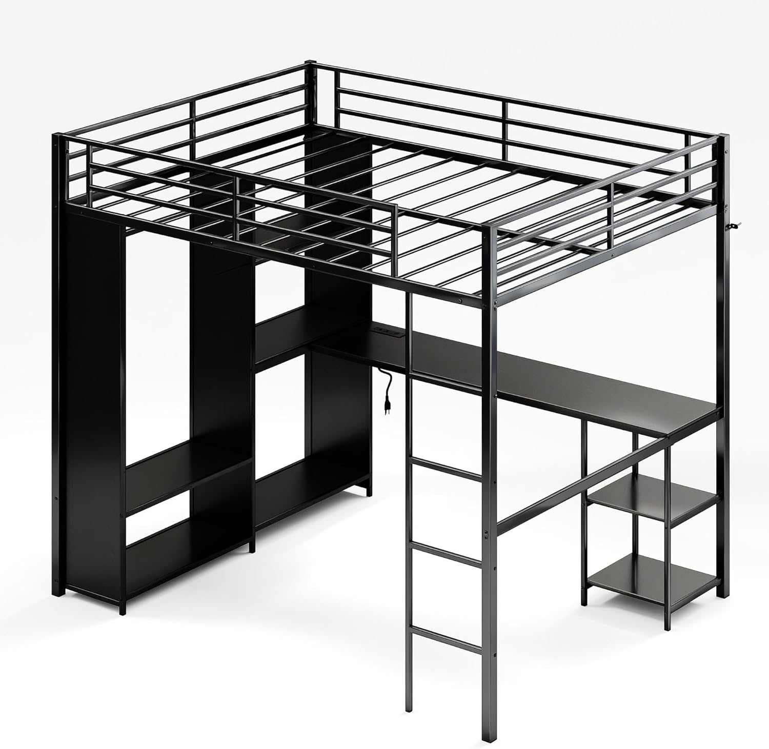 Queen Size Loft Bed with L-Shaped Desk and Wardrobe, Metal Bed Frame with Storage Shelves, Hanging Rod, Ladder, Full-Length Guardrails, LED Lights, Black