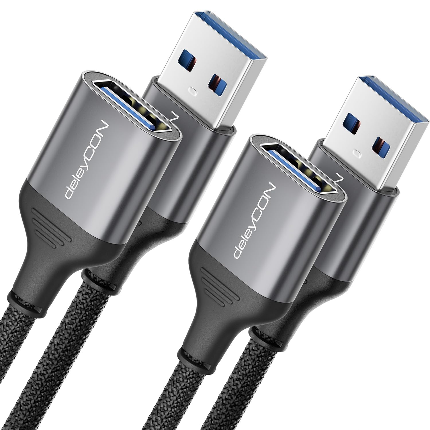 deleyCON 2x 2m USB 3.0 Verlängerungskabel 5Gbps Verlängerung (A-Stecker auf A-Buchse) Aluminium Stecker + Nylon Kabel Datenkabel für Tastatur, Kartenlesegerät, Drucker, Scanner, Kamera usw.