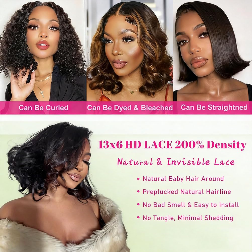 TimeBe Bob Wig Human Hair 13x6 HD Lace Front Wigs Human Hair 200 Density Body Wave Lace Frontal Wigs Glueless Wigs Human Hair Pre Plucked Short Bob Wigs for Women 14 Inch Water Body Wavy Bob Wig