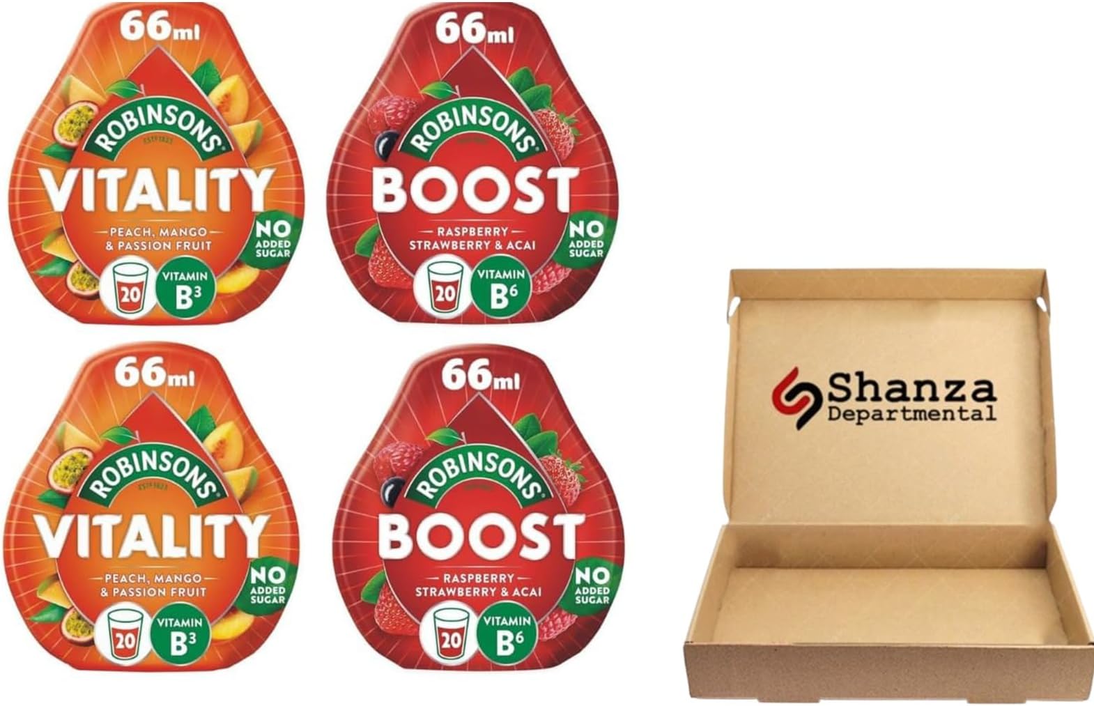 Robinsons 2x Vitality Peach, Mango & Passion Fruit +2x Boost Benefit Drops Raspberry, Strawberry & Acai with Vitamin B6 | By Shanza Departmental's