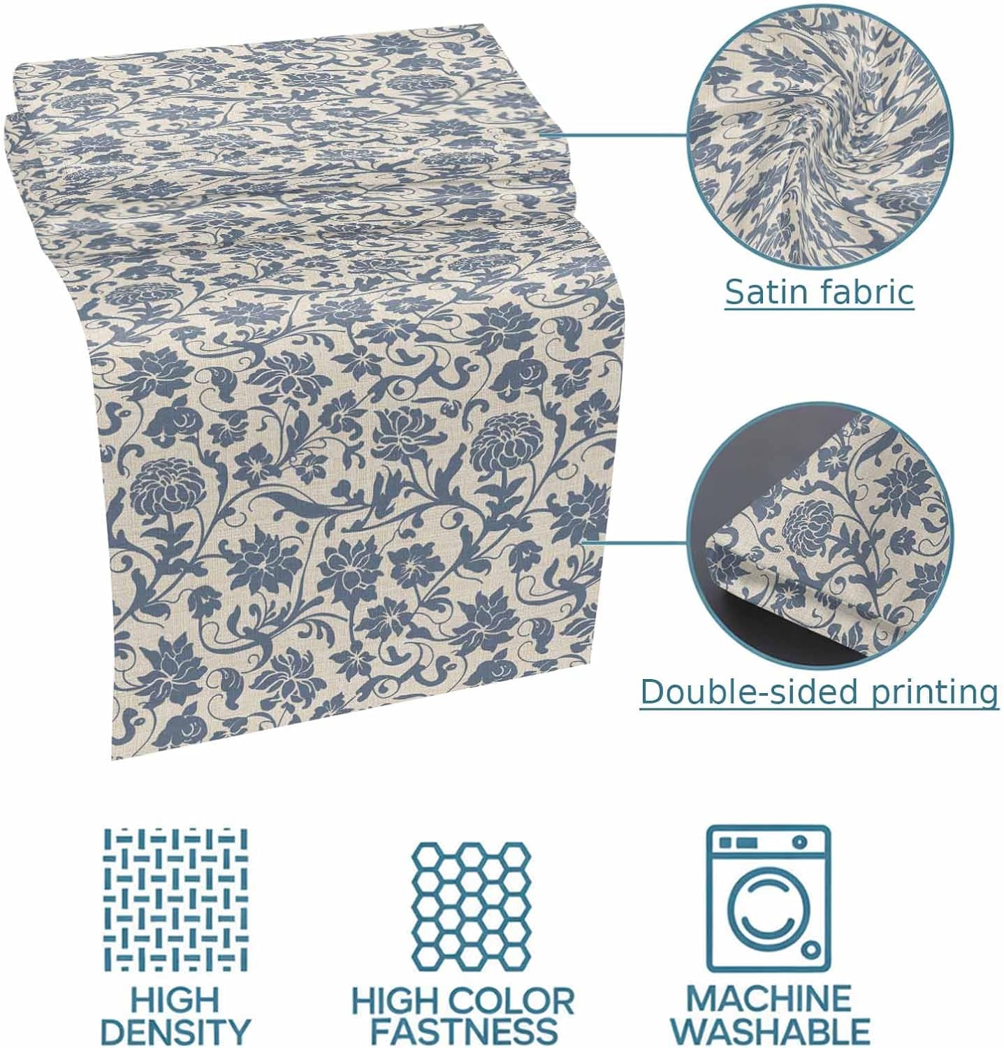 Blue Flower Leaf Bed Runner Scarf Bedding Accessory For Queen Size Bed,Soft Bed Scarves And Runners Stainproof Bedroom Decor For Hotel Wedding Room,Retro Traditional Boho Tribal Floral 94"x20"