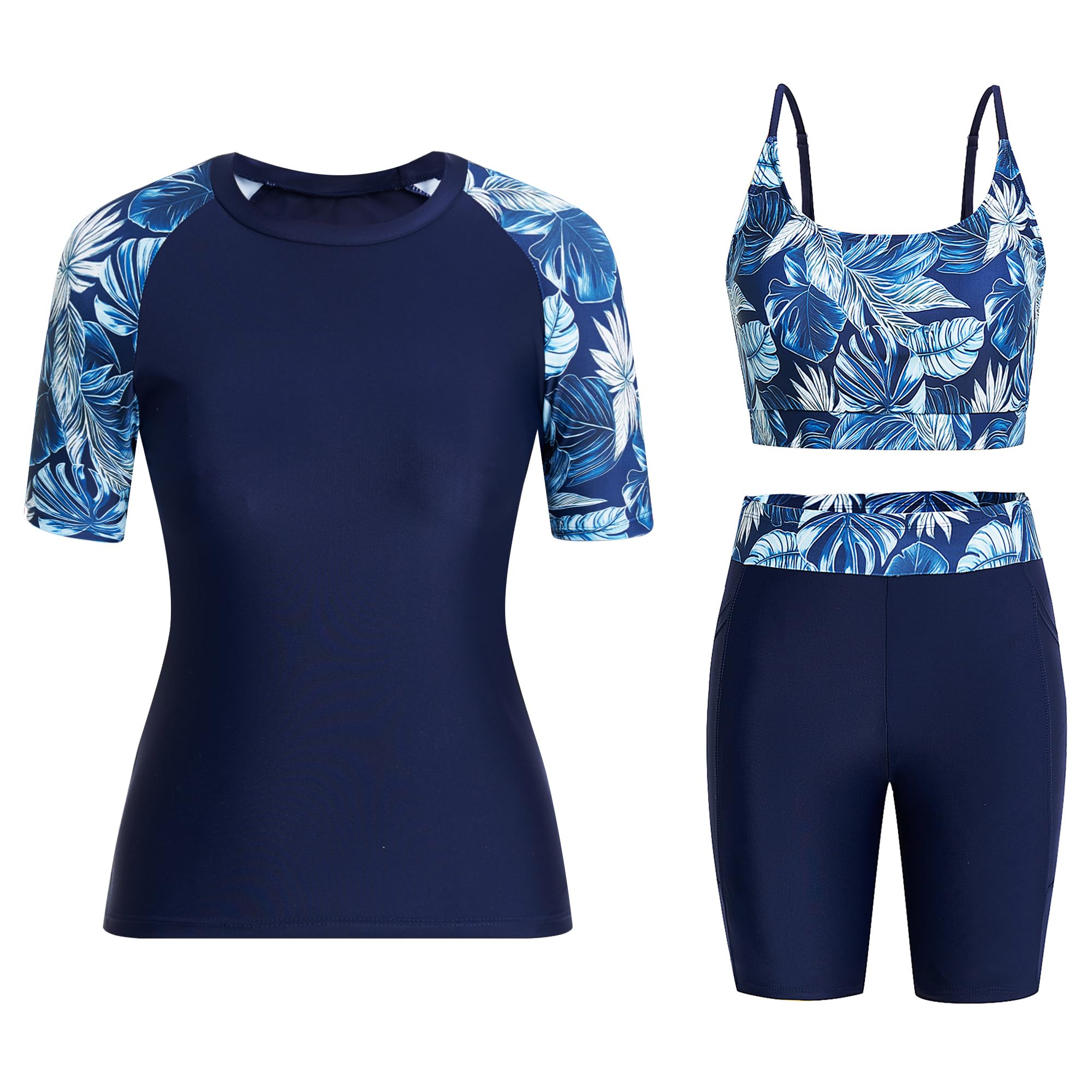 Owntop Camiseta de natación de 3 piezas para mujer, camiseta de natación UV UPF50+, camiseta de manga corta, parte superior de bikini y pantalones cortos de cintura alta, trajes de baño modestos