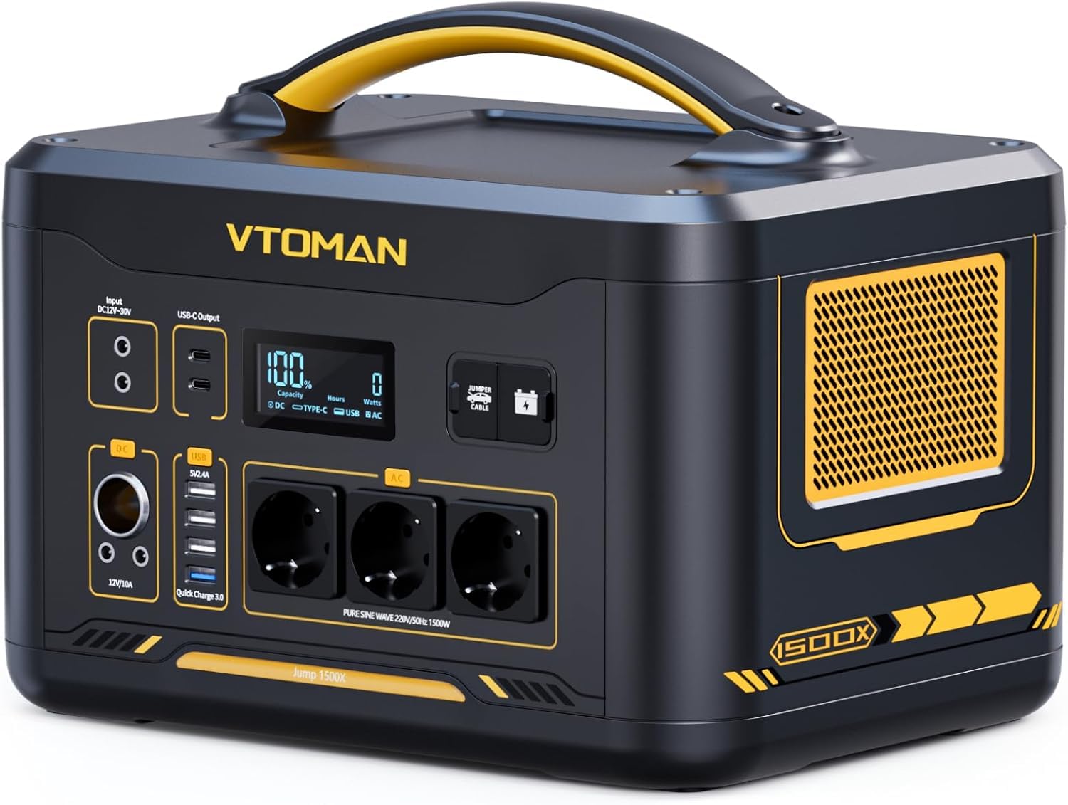 VTOMAN Jump 1500X Estación de Energía Portátil 1500W, 828Wh, USB QC 3.0 | Batería LiFePO4, Generador Solar, Salida dual PD 100W Typ-C, Capacidad Ampliable a 2376Wh para Viajes, Acampar