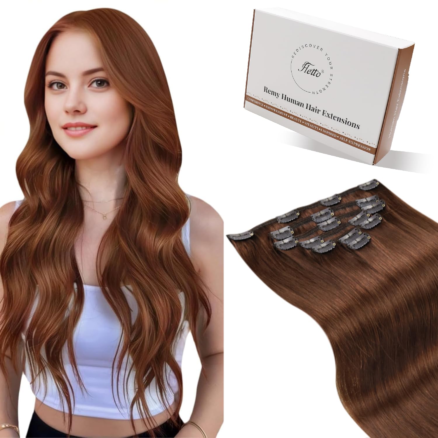 Hetto Clip in Extensions Echthaar Rotbraun 45cm 120g 7pcs - Für Mittellange Haare: Invisible & Seamless für Hochzeit/Party, Volle Abdeckung für Sofortiges Volumen 33