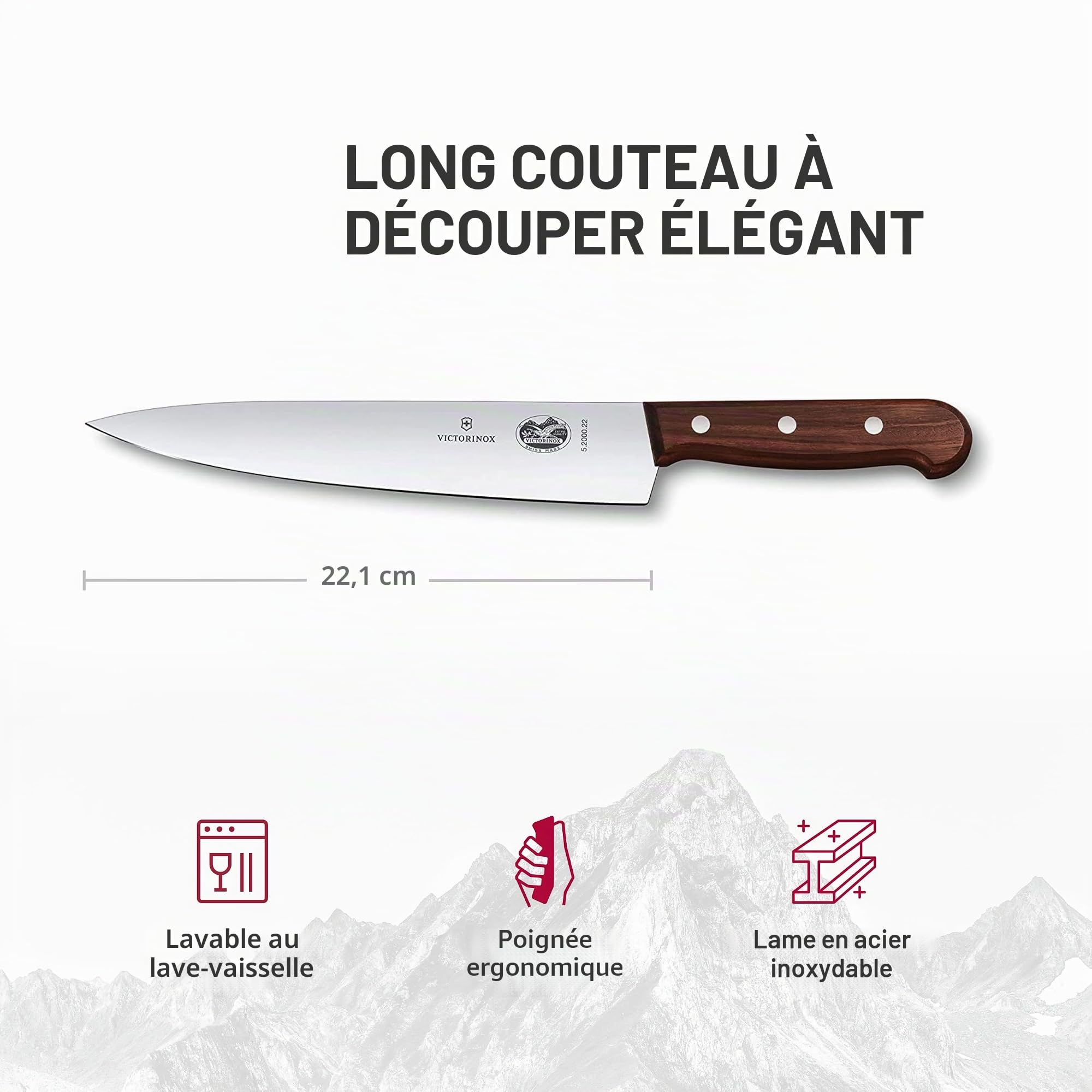 Victorinox Wood, Couteau à trancher professionnel, Lame extra-tranchante, tranchant droit, 22 cm, Manche en bois noble, Acier inoxydable, brun