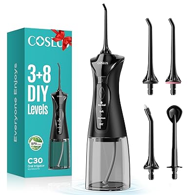 COSLUS Water Dental Flosser Pick for Teeth: 4 Modes Cordless Portable 300ML Larger Tank Water Teeth Cleaner IPX7 Waterproof Flossing Cleaning Picks for Home Travel Black C30(FC5360)