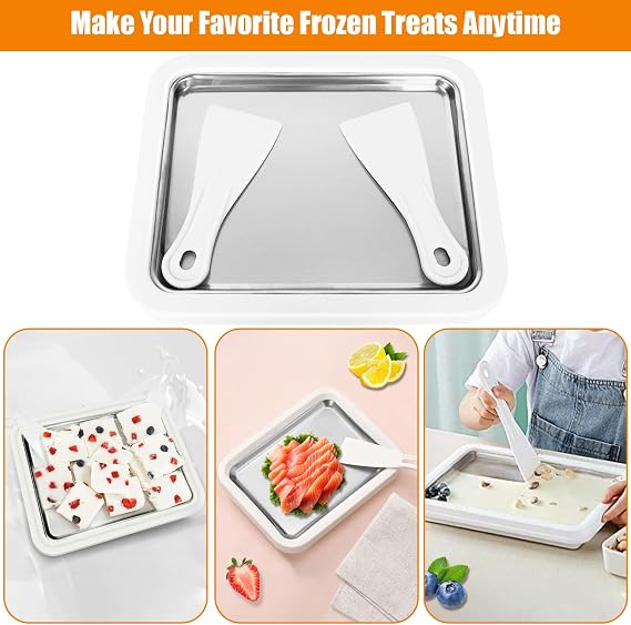 Ice Cream Roll Maker Set with 2 Spatulas, Fun DIY Ice Cream Roller Pan for Kids, Homemade Yogurt Rolled Machine with Scrapers, Instant Cold Plate for Making Frozen Gelato, Sorbet, Sweet Food(White)