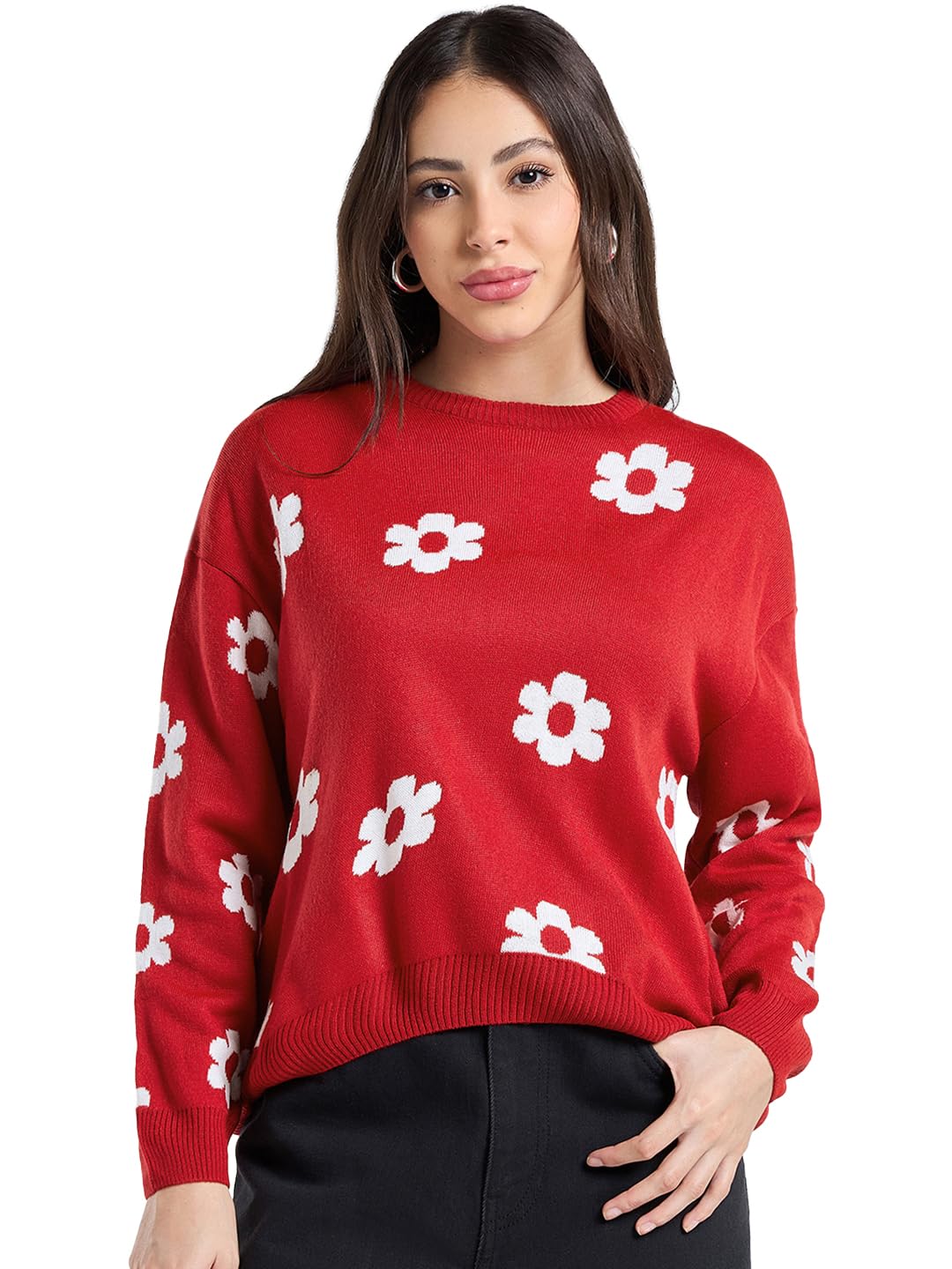bewakoof Women's All Over Printed Oversized Fit Full Sleeve Round Neck Acrylic Sweater-picture-32