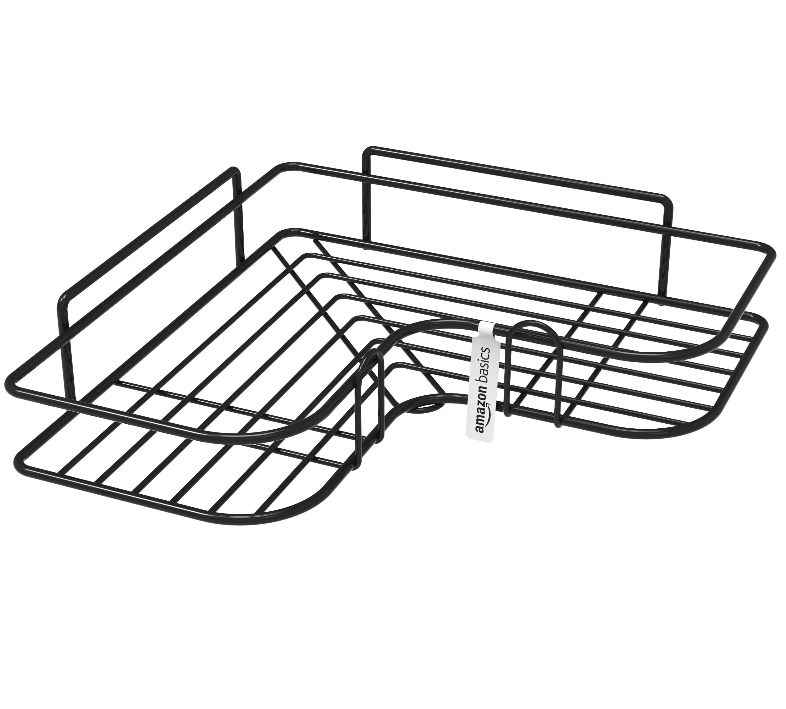 Amazon Basics Modern Wall Mounted Corner Rack for Bathroom | Mild Steel Storage Shelf for Toiletries, Shampoo, Soap & Accessories| Self adhesive | Rust-Resistant, Easy to Clean, Space-Saving Organizer β 27.5 x 27.5 x 6.2 cm, Pack of 2, Black 2
