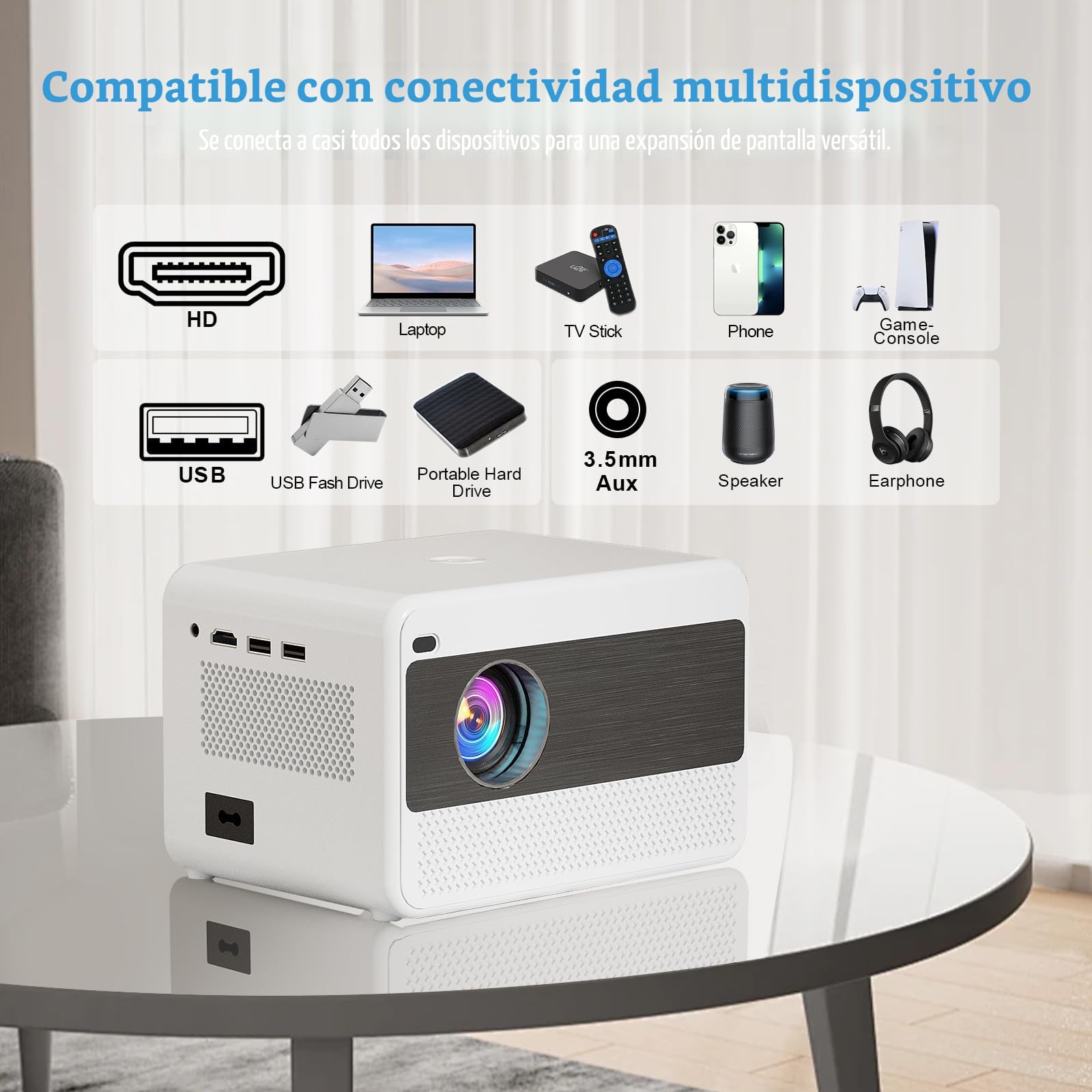 Proyector Portatil, Proyector 1080P Nativo con WiFi y Bluetooth, 16000 Lúmenes Proyectores Cine en Casa Soporte Zoom Eléctrico Enfoque para iOS y Android HDMI/USB/TV Stick/PS5/Laptop
