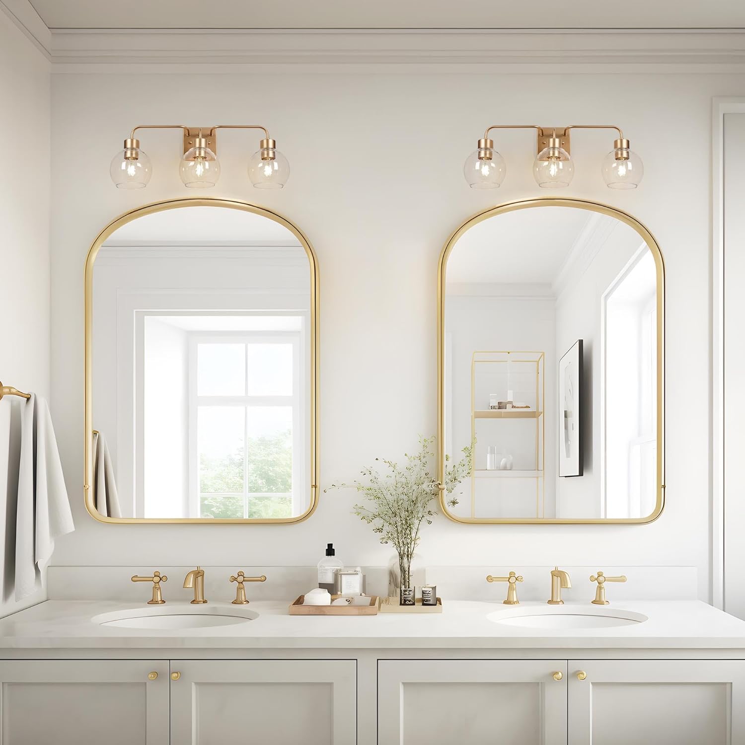 Gold Bathroom Vanity Light 3-Lights Bathroom Light Fixtures Over Mirror with Clear Glass Globe Shade 24.5 inch Modern Gold Wall Sconce Lighting