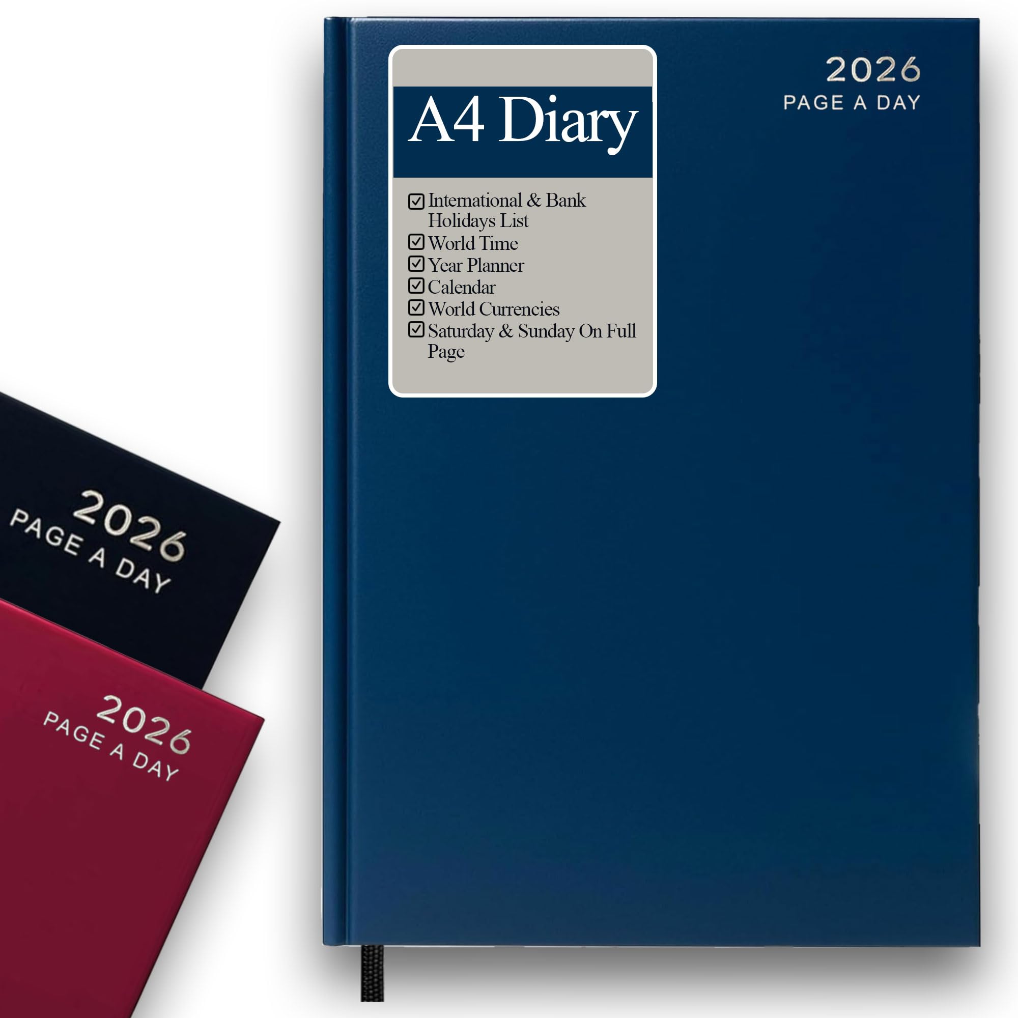 2026 Diary A4 Page a Day Blue Hardcover Daily Diary with Full Saturday & Sunday Weekend Pages, Ribbon Marker, Yearly Planner, 3 Year Calendar, Notes, Contacts, More. for Office, Home & Business Use