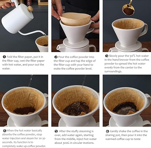 Miniatura 5 de Cafetera Prensa Cafetera Con Mano Juego de Cafetera de Cerámica Taza de Filtro de Café de Goteo Mano Pot-850Ml (blanco)