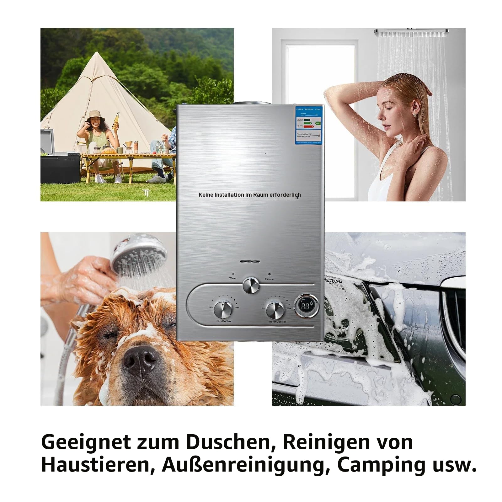 Gas-Wassererhitzer, 16 L/min 32 kW tragbarer wasserloser Durchlauferhitzer, sofortiger Propangas-Wassererhitzer mit digitalem Display und mehrfachem Schutz für Camping- und Wohnmobilreisen (16 L)