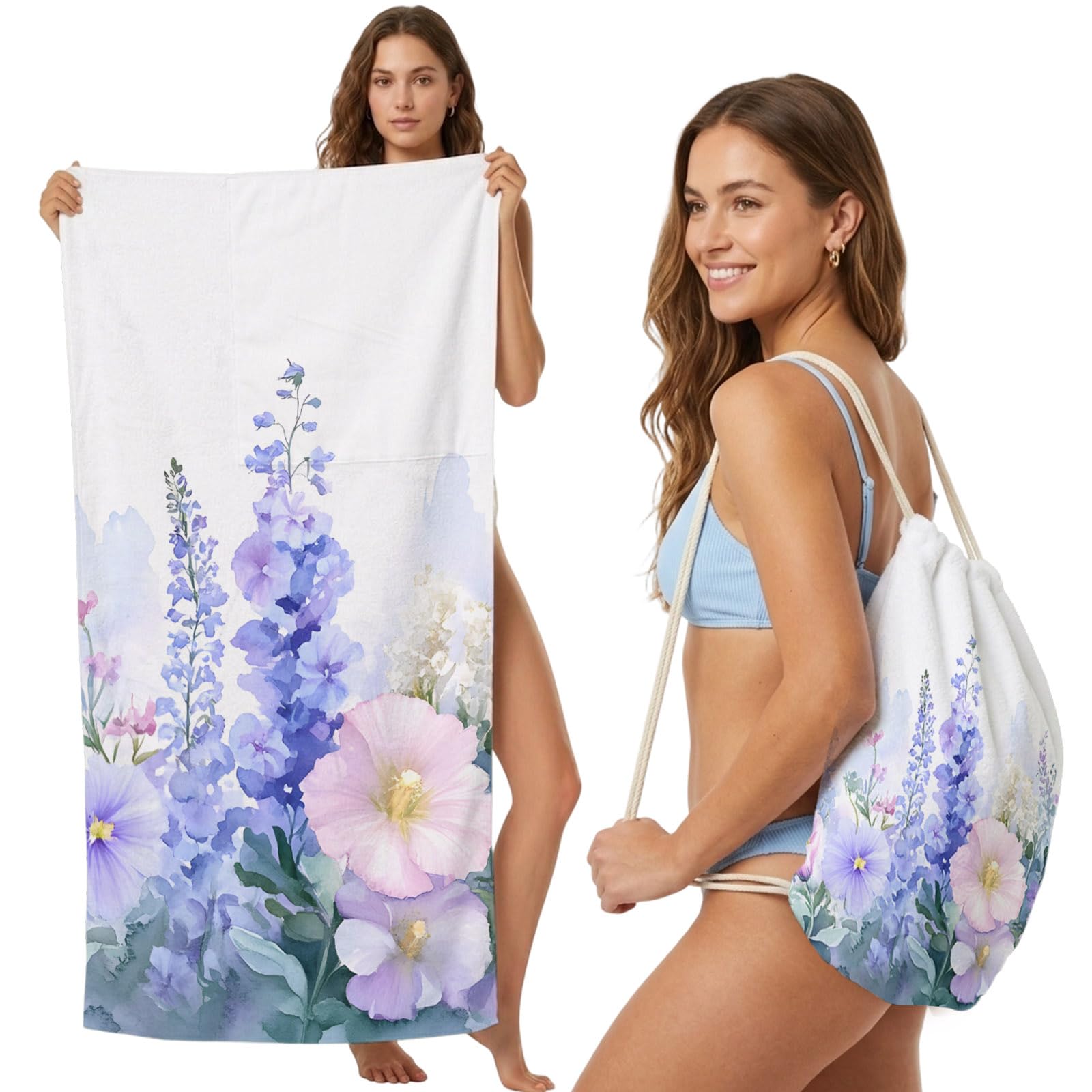 FWJZDSP Beach Towel Backpack Convertible Spring Lavender Sand Free Quick Dry Towel Bag Pink Purple Flowers Beach Towel with Adjustable Straps for Travel Swimming Pool Beach Accessories 31.5x63in