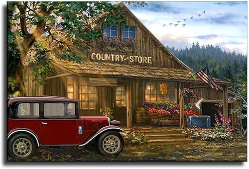 Zbin Old Country General Store and A Red Car - Póster impreso en lienzo para decoración del hogar, pintura, sala de estar, dormitorio, póster