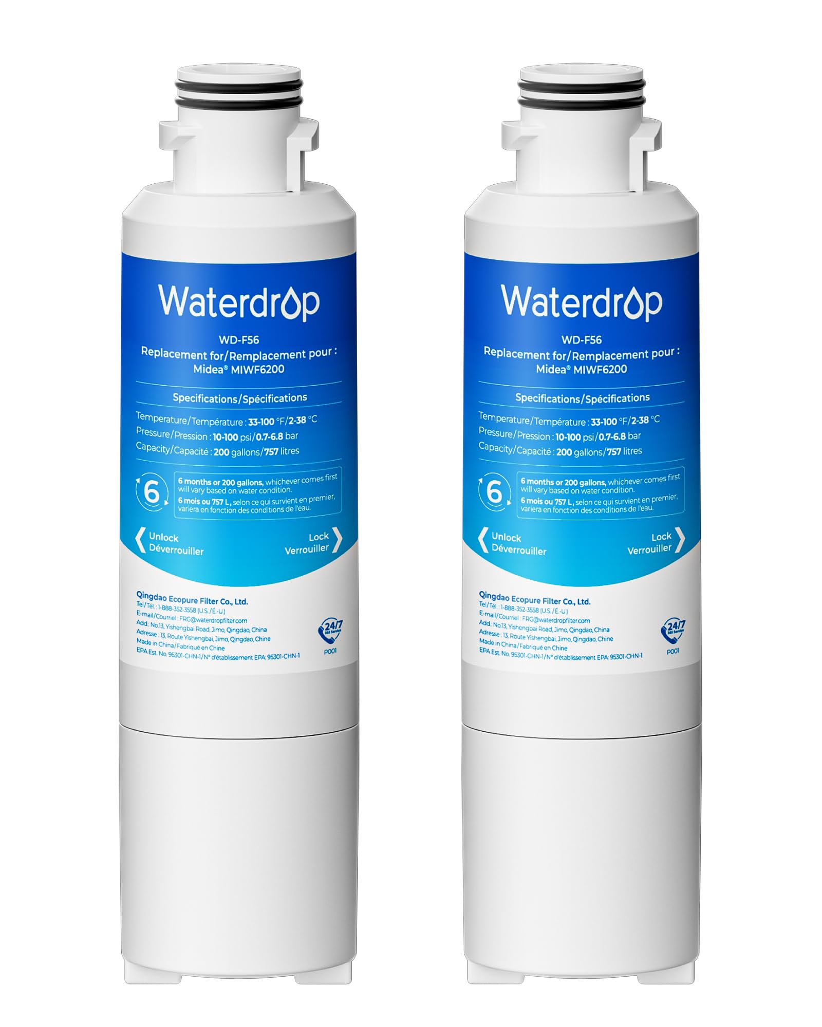 Waterdrop MIWF6200 Refrigerator Water Filter, Replacement for Midea® MIWF6200 Twist-in, Sharp SJWF200, SJG2254FS, Zline® MIWFT2100, Midea® Side-by-side Refrigerator Water Filter, 2 Pack