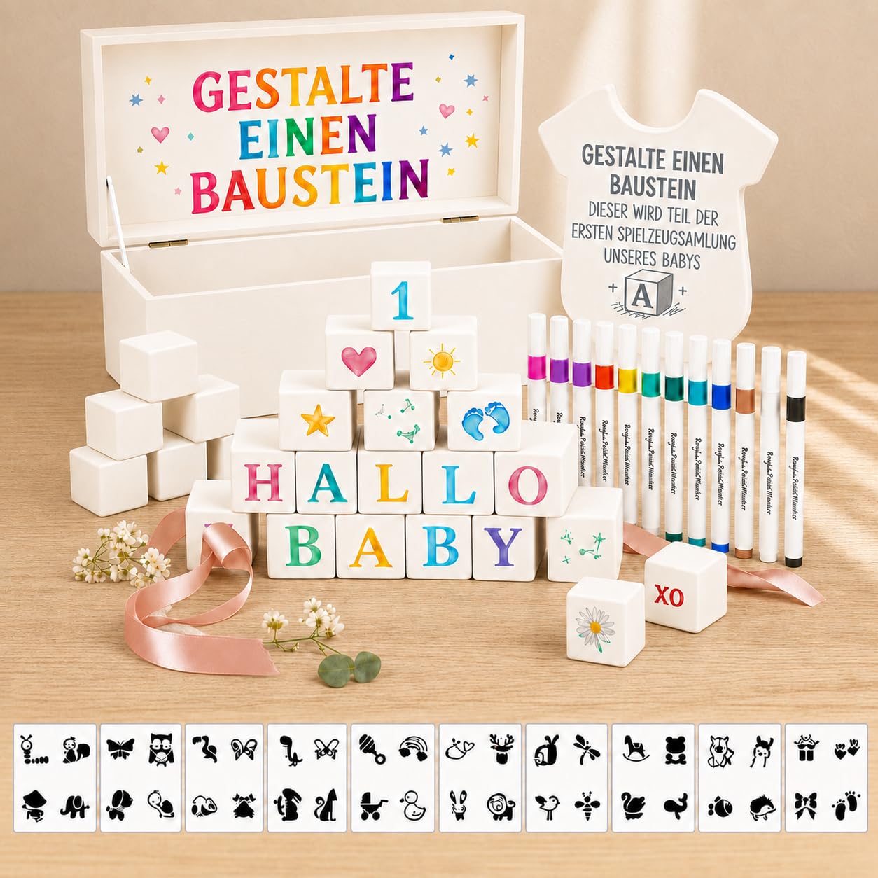 Juego de 102 juegos de baby shower, juegos de fiesta de bebé y revelación de género para invitados, con 48 cubos de madera blanca para pintar, 40 plantillas, 12 lápices, cartel de madera y caja de