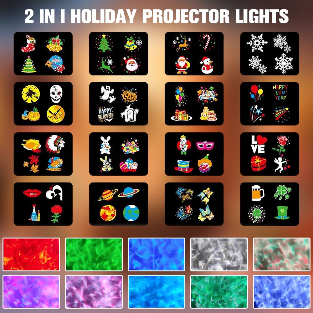 Weihnachten Halloween Outdoor Projektor mit 16 Folien 10 Ozeanwellen Effekt,2-in-1, 3D Dynamische Projektor, LED Projektionslampe, 180°-Verstellung, Beamer Deko für Wand Fenster Garten Hof Party