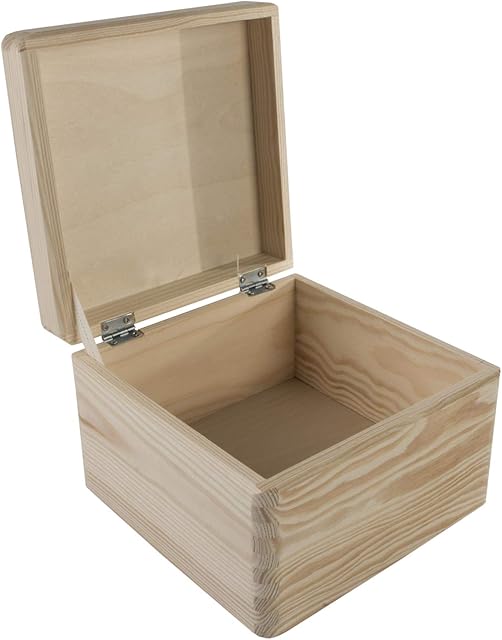 Square Small Wooden Storage Box with Hinged Lid & Holding Tape | 20 x 20 x 14 cm | Memory Keepsake Chest | Unpainted Plain Pine to Decorate Craft
