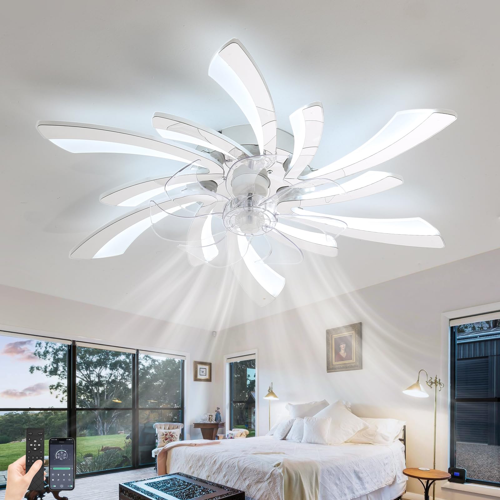SXDMOUBK Modern Ceiling Fans with Lights 6 Speed Silent Dimmable Light with Fan Reversible Remote Control Light Fan Ceiling Silver Fan Lights Bedroom LED 60w Dc Reversible Motor Living Room